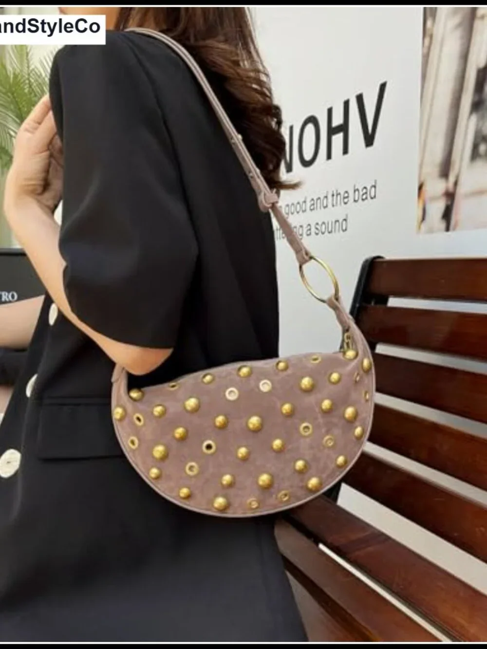 Studded Faux Suede Hobo Bag Adjustable Strap Shoulder Crossbody